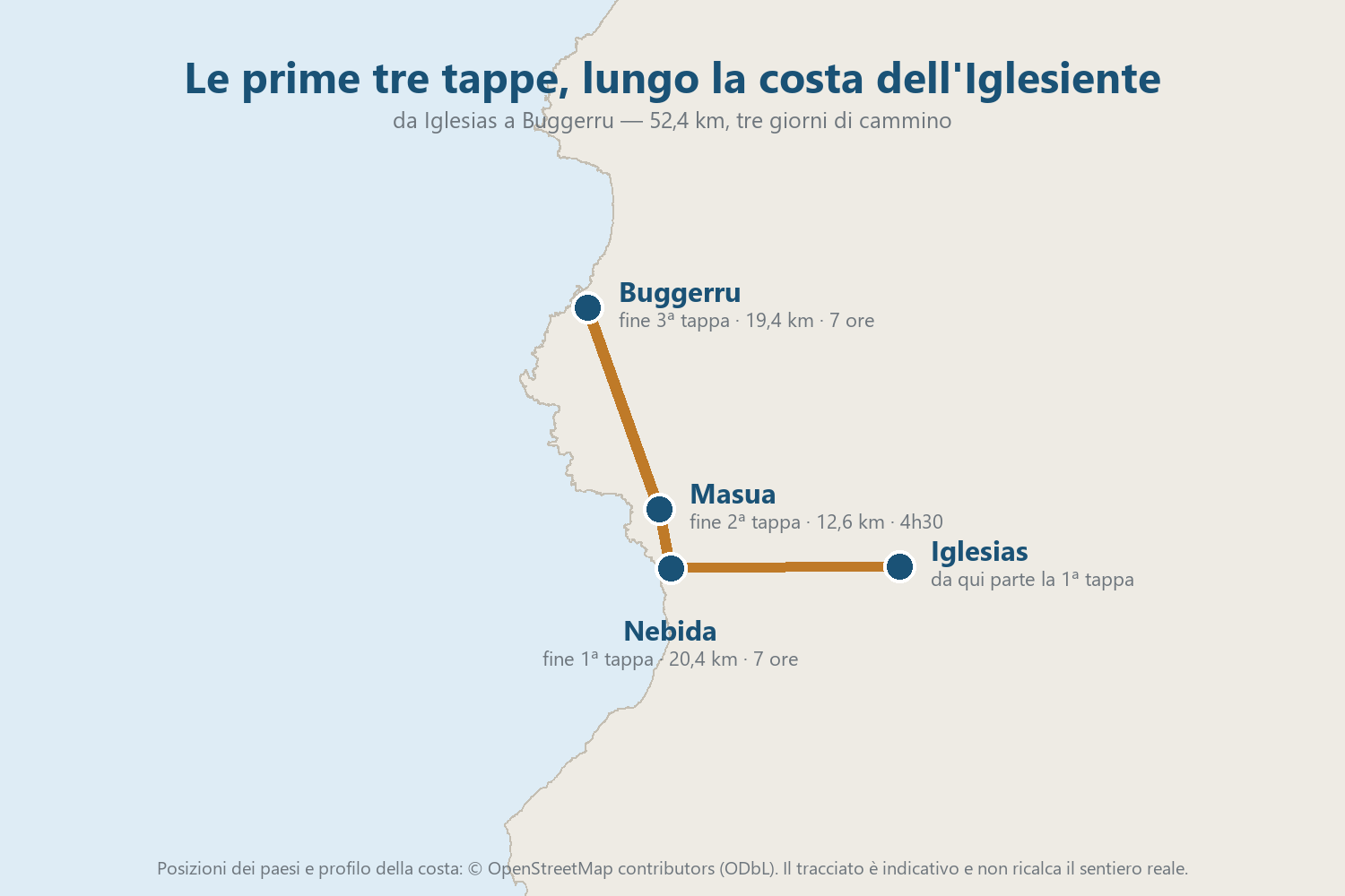 Cartina delle prime tre tappe del Cammino di Santa Barbara lungo la costa dell'Iglesiente: Iglesias, Nebida, Masua, Buggerru