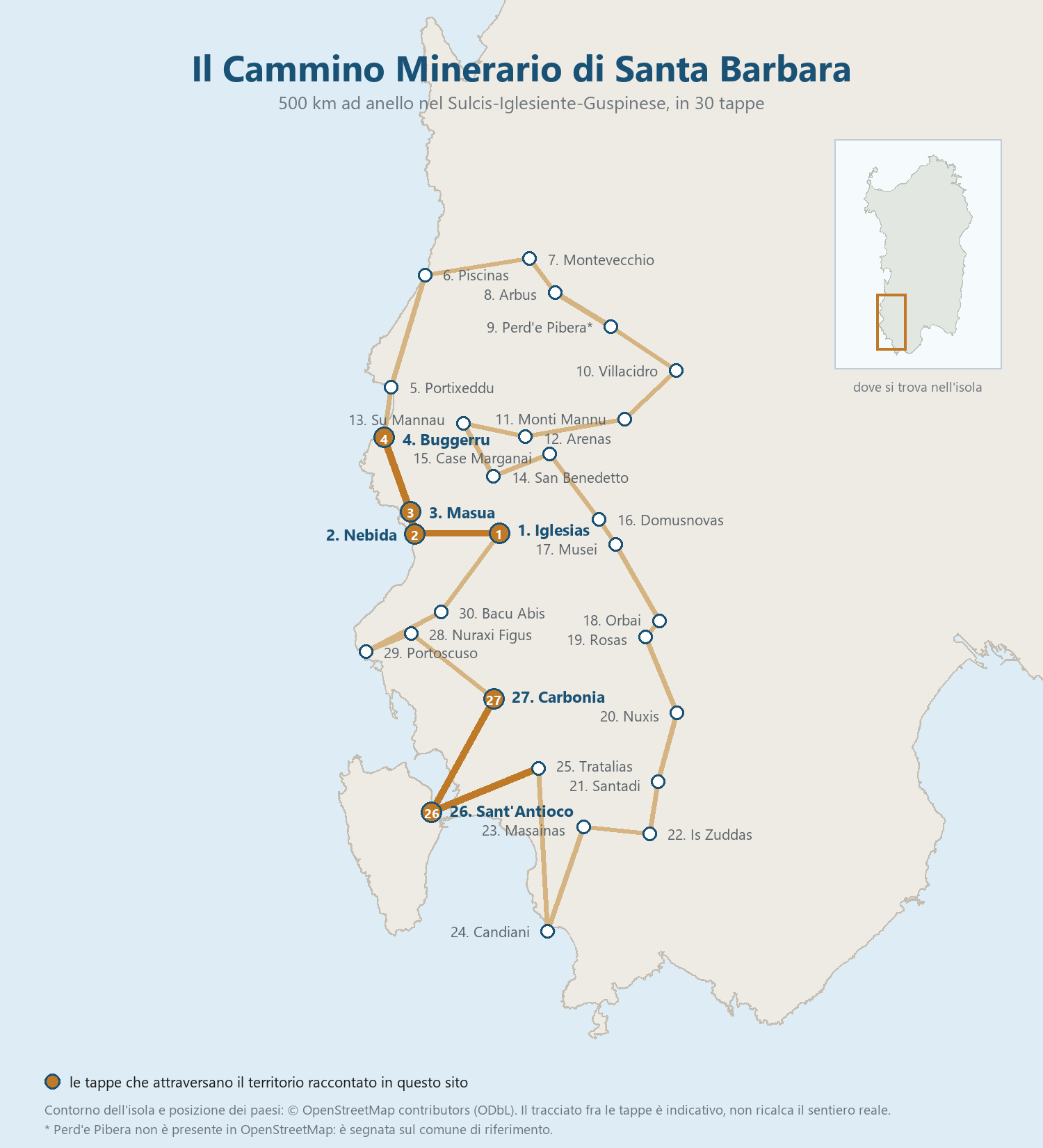 Cartina del Cammino Minerario di Santa Barbara: le 30 tappe dell'anello nel Sulcis-Iglesiente-Guspinese, sul profilo reale della Sardegna sud-occidentale